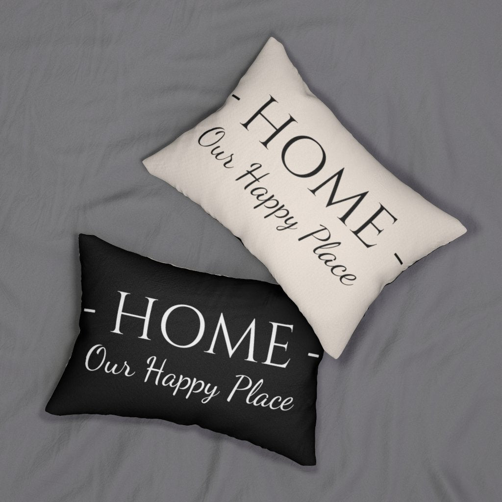"Home is Our Happy Place" Decorative Lumbar Throw Pillow – Beige & Black