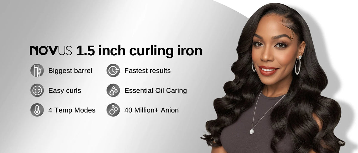 NOVUS 1.5" Extra Large Ceramic Curling Wand – 40M Negative Ions, 4 Heat Settings, Dual Voltage, for Long Hair, Includes 2 Clips & Glove