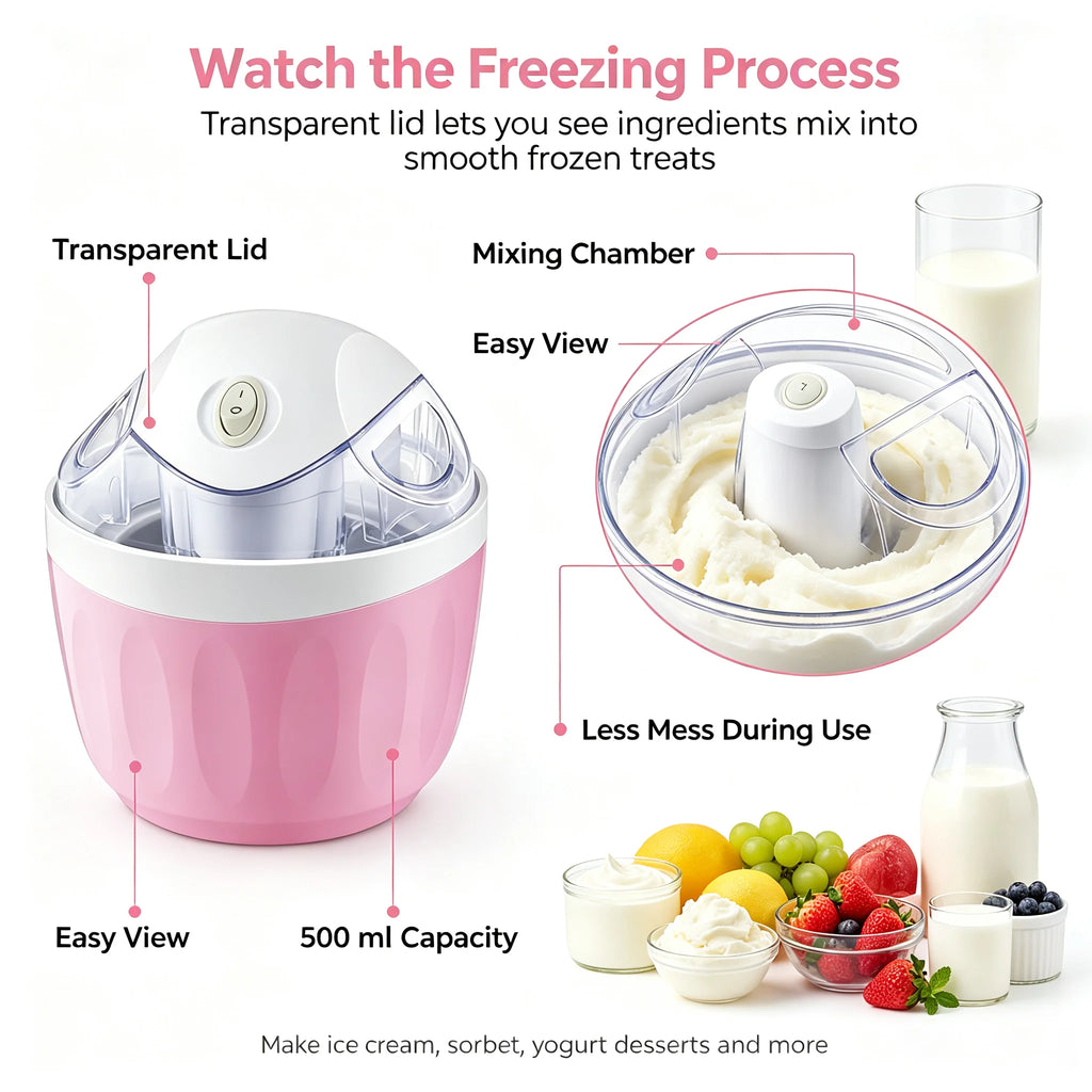 Kitchen Dessert Machine Easy to Use Ice Cream Maker Transparent Lid Countertop Freeze Treat Maker for Families Kitchen Home
