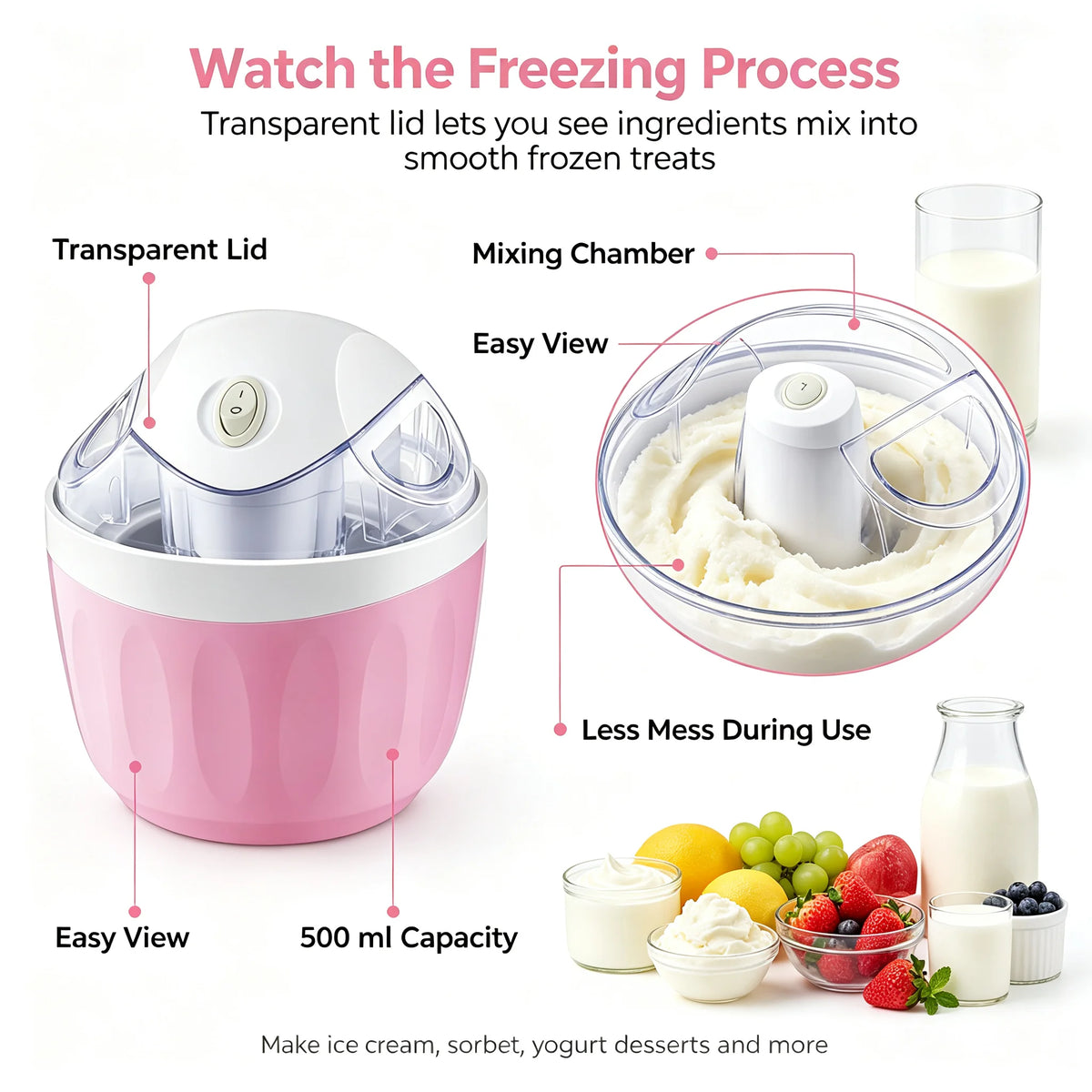 Kitchen Dessert Machine Easy to Use Ice Cream Maker Transparent Lid Countertop Freeze Treat Maker for Families Kitchen Home