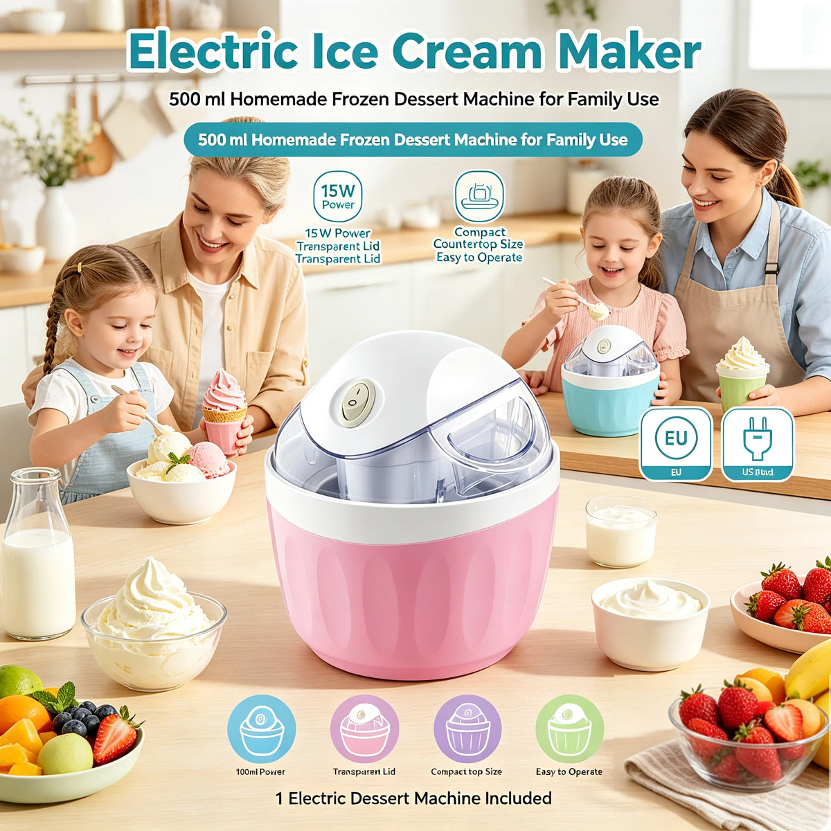 Kitchen Dessert Machine Easy to Use Ice Cream Maker Transparent Lid Countertop Freeze Treat Maker for Families Kitchen Home