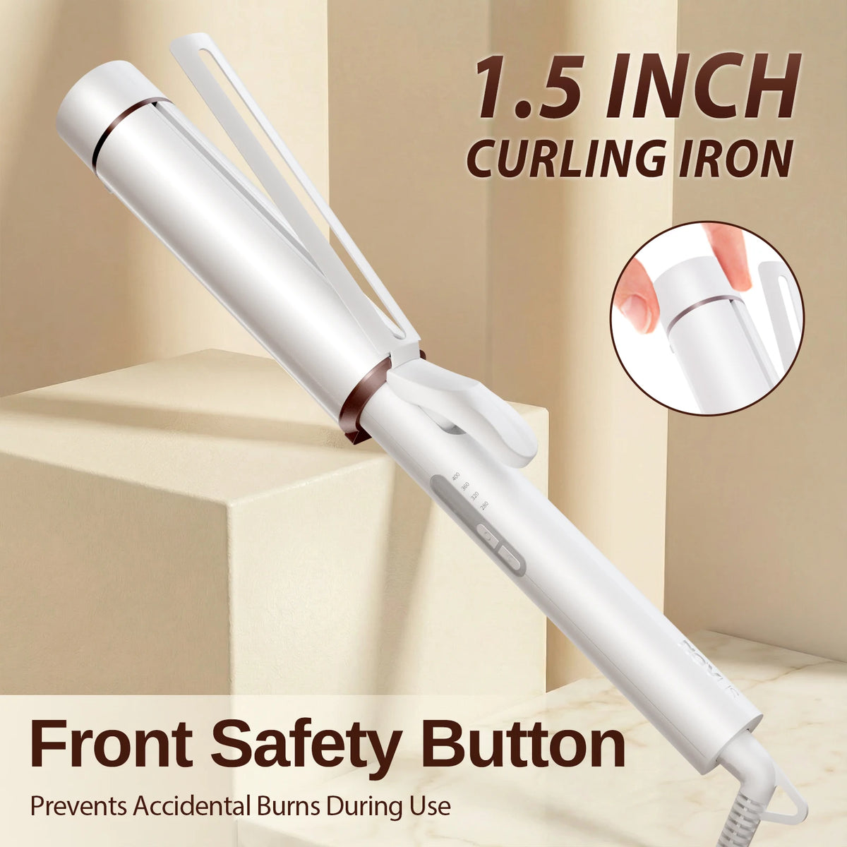 NOVUS 1.5" Extra Large Ceramic Curling Wand – 40M Negative Ions, 4 Heat Settings, Dual Voltage, for Long Hair, Includes 2 Clips & Glove