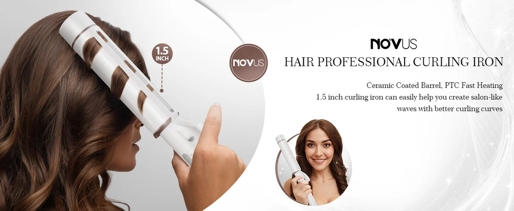 NOVUS 1.5" Extra Large Ceramic Curling Wand – 40M Negative Ions, 4 Heat Settings, Dual Voltage, for Long Hair, Includes 2 Clips & Glove