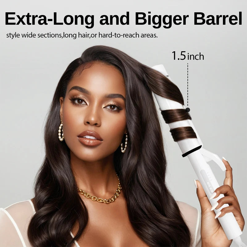 NOVUS 1.5" Extra Large Ceramic Curling Wand – 40M Negative Ions, 4 Heat Settings, Dual Voltage, for Long Hair, Includes 2 Clips & Glove