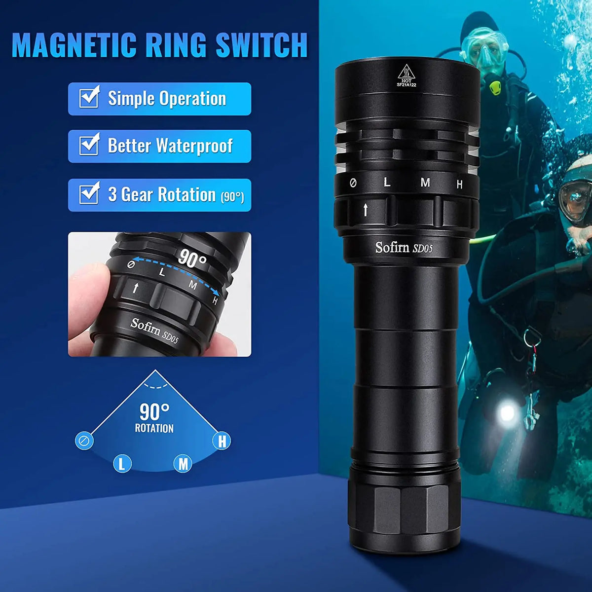 Sofirn SD05 Scuba Diving Flashlight – XHP50.2 LED, 3000lm, 21700 Battery, Magnetic Switch, 200–500m Beam, 5000K/6500K