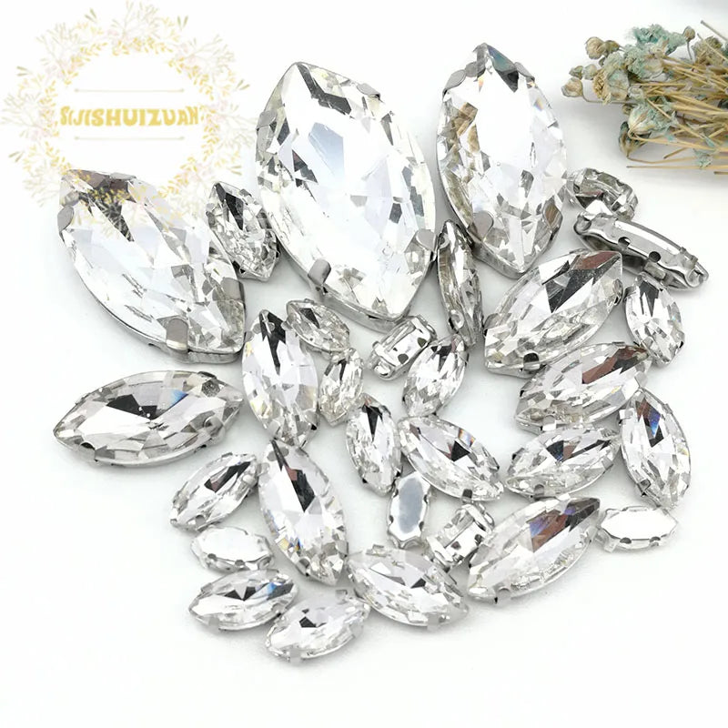 Clear Marquise Sew-On Glass Rhinestones – 30-Piece Mixed-Size Pack