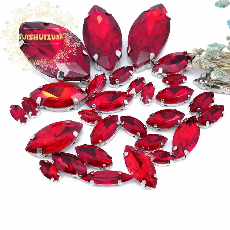 Clear Marquise Sew-On Glass Rhinestones – 30-Piece Mixed-Size Pack