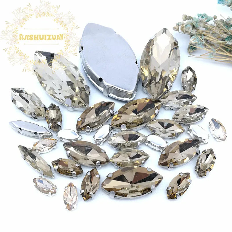 Clear Marquise Sew-On Glass Rhinestones – 30-Piece Mixed-Size Pack
