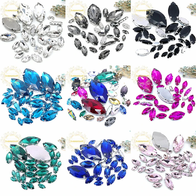 Clear Marquise Sew-On Glass Rhinestones – 30-Piece Mixed-Size Pack