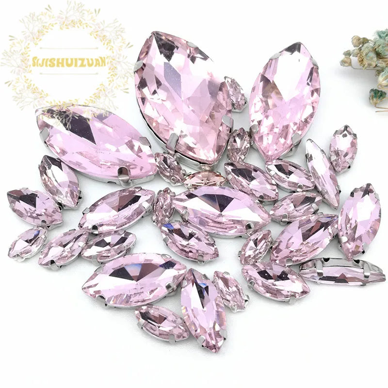 Clear Marquise Sew-On Glass Rhinestones – 30-Piece Mixed-Size Pack