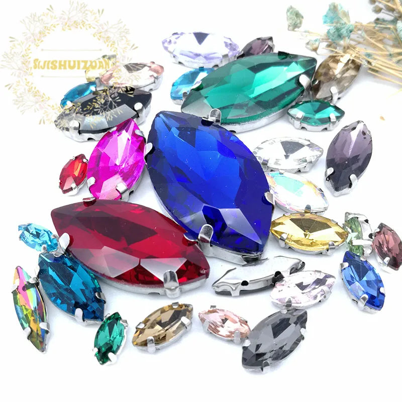 Clear Marquise Sew-On Glass Rhinestones – 30-Piece Mixed-Size Pack
