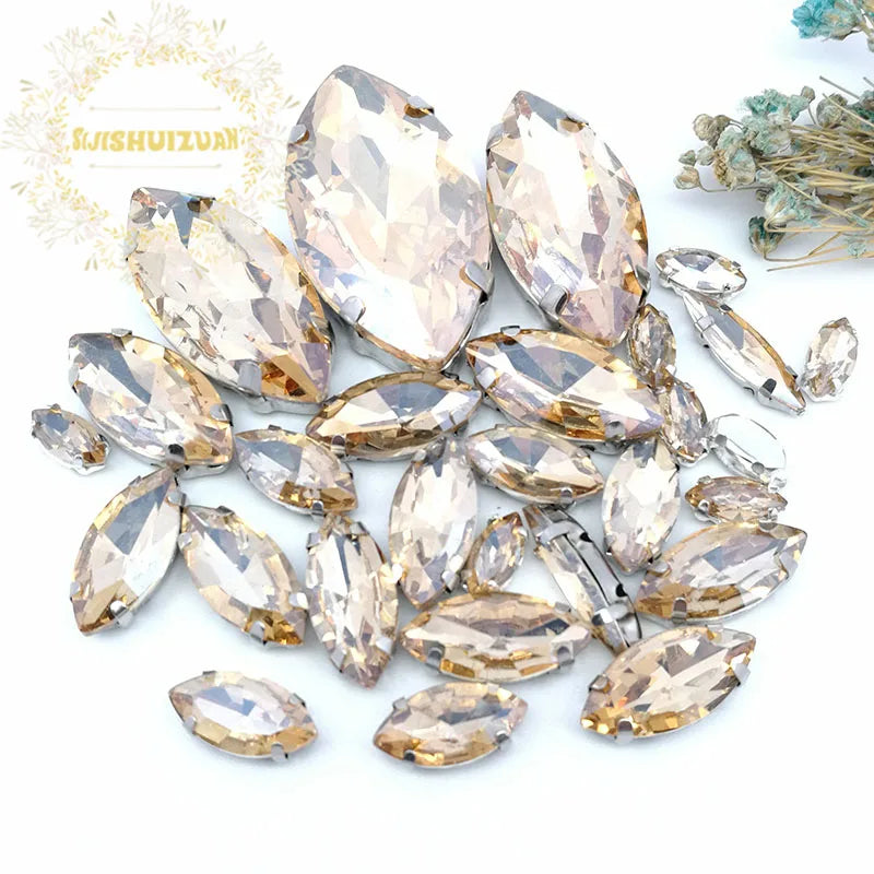 Clear Marquise Sew-On Glass Rhinestones – 30-Piece Mixed-Size Pack