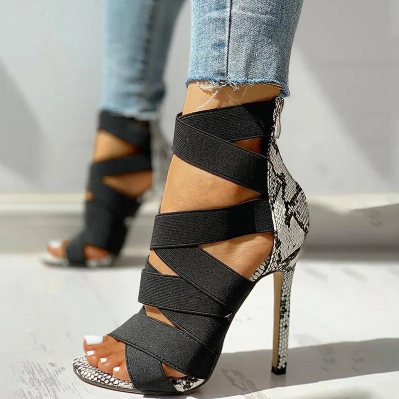 Pumps Party Sexy Shoes Prom Shoes Snake Summer Shoes Woman Pumps High Thin Heels Pointed Toe Rhinestone Gladiator