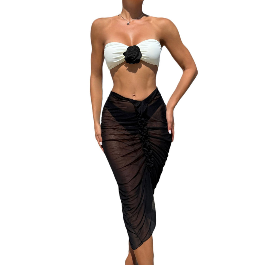 2025 European and American Color Matching Sexy New Rose Three-Piece Mesh Long Skirt Swimsuit Swimsuit Bikini Bikini