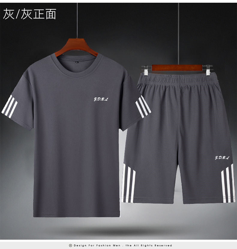 Sports Suit Men's Fitness Sweat Suit Summer Short-Sleeved T-Shirt Loose Quick-Drying Clothing Basketball Training Running Shorts
