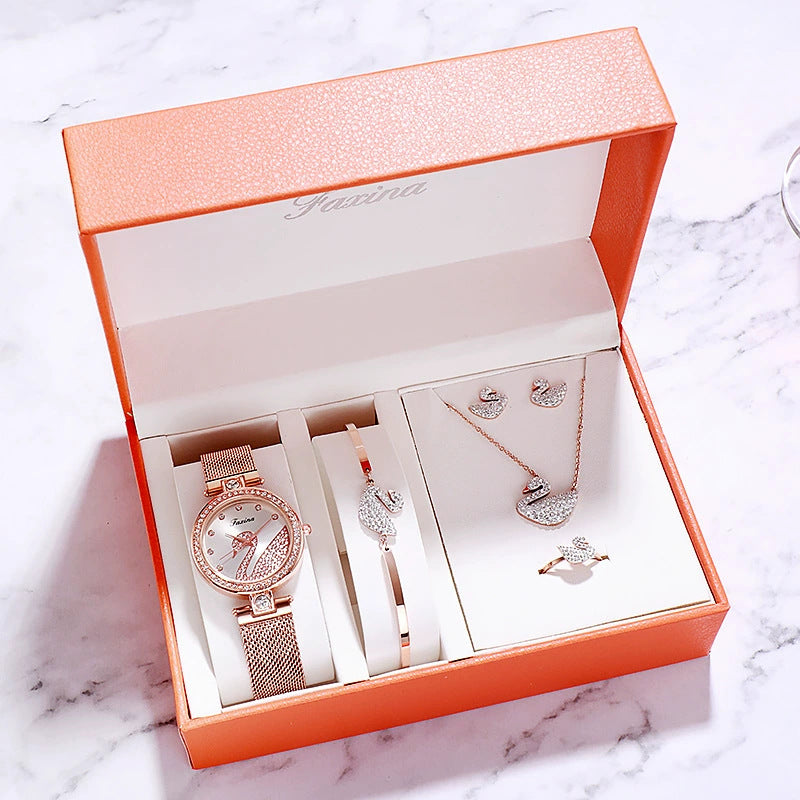 Modisches und elegantes fünfteiliges Geschenkset mit Armbanduhr für Damen