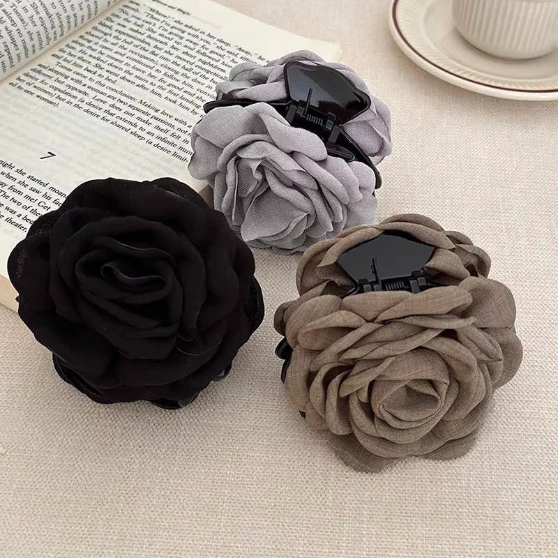 French Fabric Rose Hair Claw Clips – Floral Barrette for Women & Girls, All Seasons