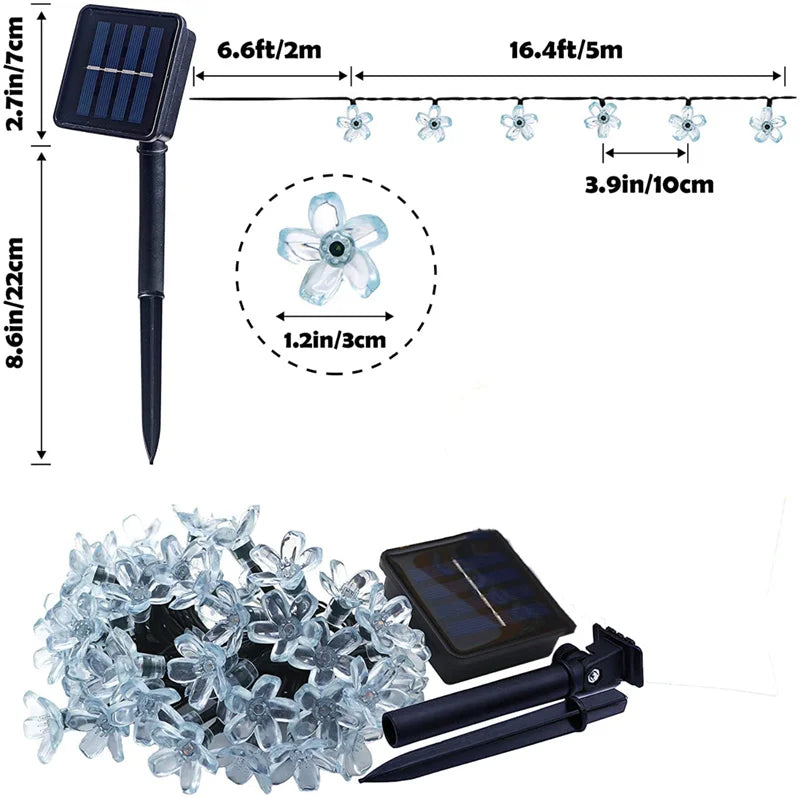 Solar Cherry Garden Blossom Flower Lights Garlands String Lights Solar Outdoor Waterproof Christmas Decoration Lamp