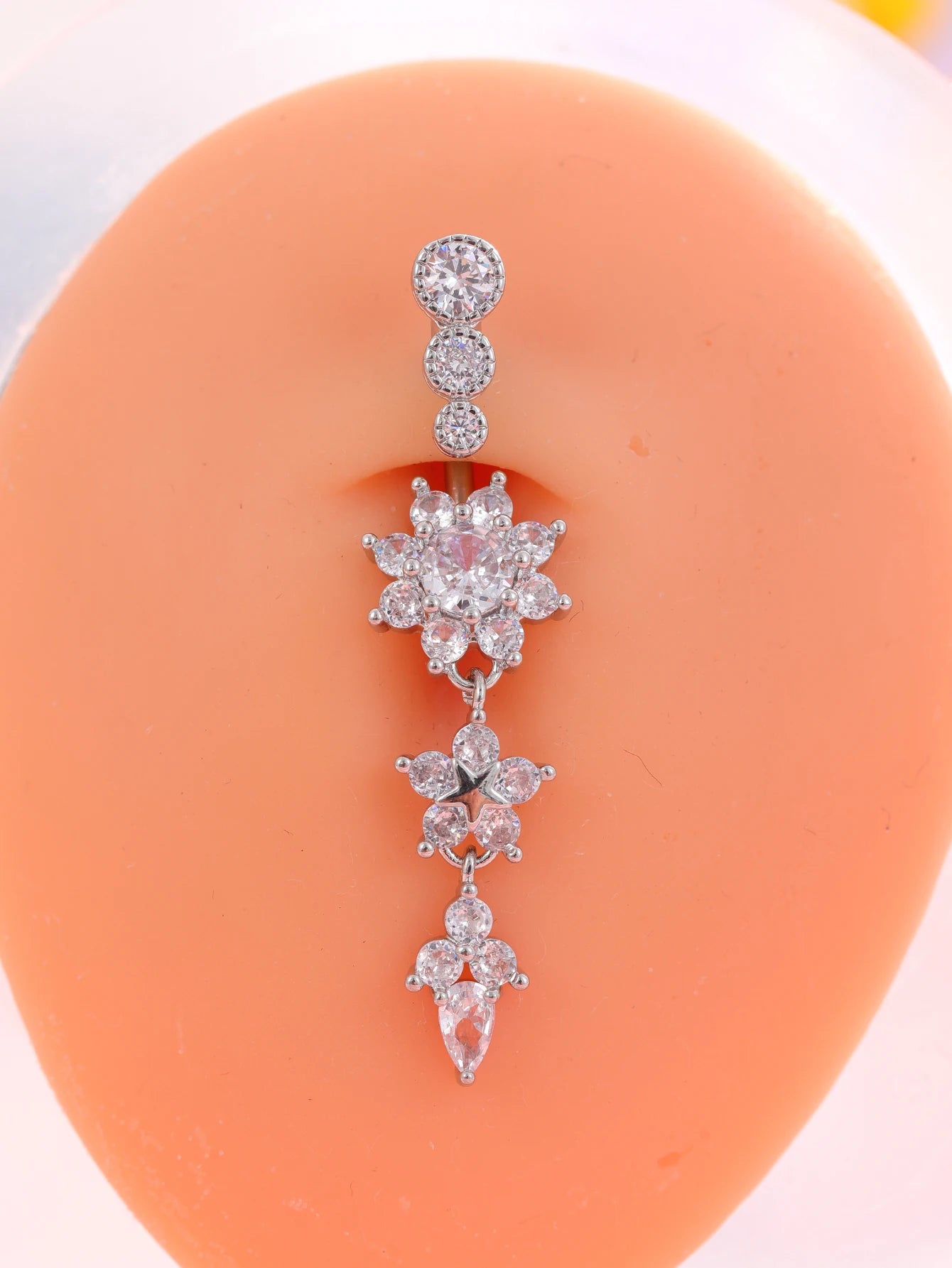 Long Dangled Flower Crystals Belly Button Rings Sexy Curved Navel Piercing for Women Girls 5 Zircons Belly body Jewelry 1 Piece