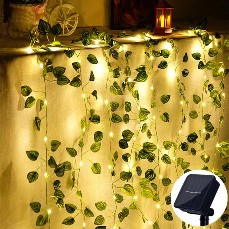 Solar Artificial Leaf LED String Lights Garland – Warm White Fairy Lights for Garden, Wedding, Christmas & Room Décor (5M/16.40ft, 10M/32.80ft)