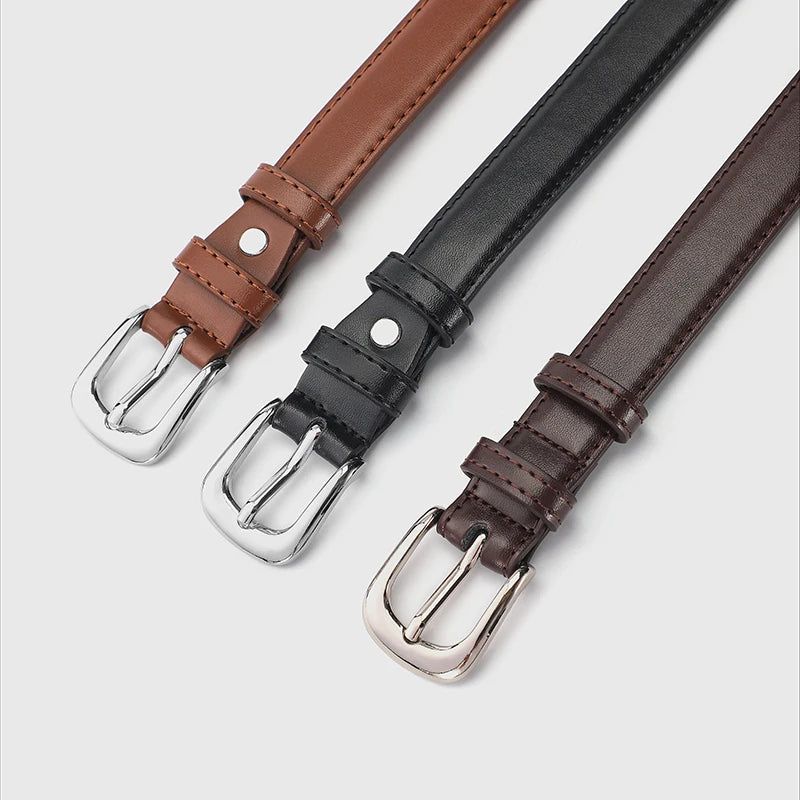 Women’s Slim Faux Leather Belt with Classic Buckle