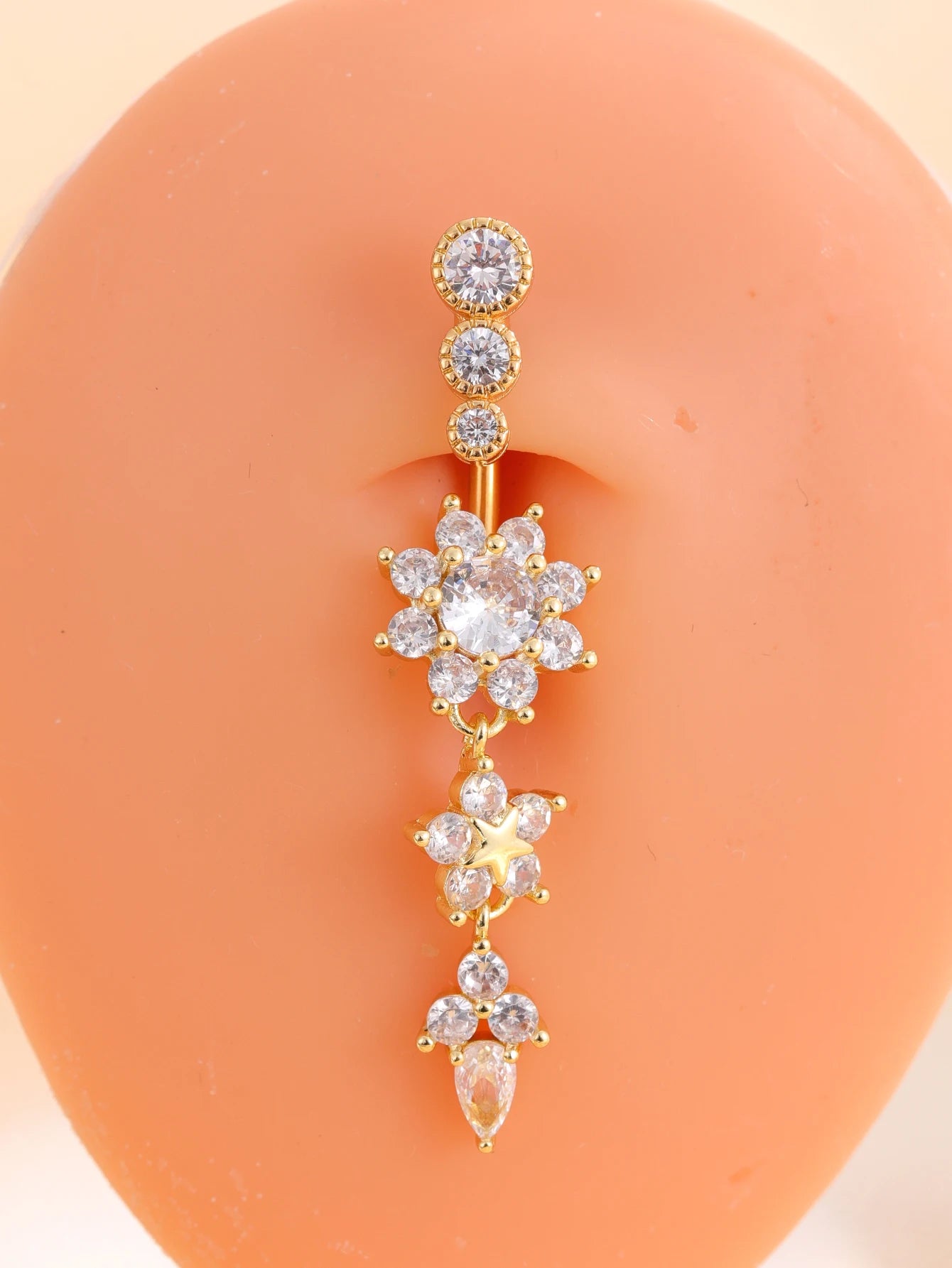 Long Dangled Flower Crystals Belly Button Rings Sexy Curved Navel Piercing for Women Girls 5 Zircons Belly body Jewelry 1 Piece