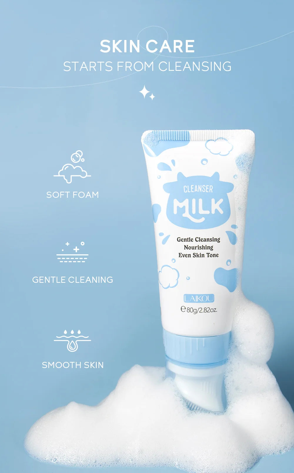 Korean Milk Facial Cleanser – Deep Moisture, Oil Control & Glowing Skin | Hyaluronic Acid, PH-Balanced for Dry/Oily Skin 80g