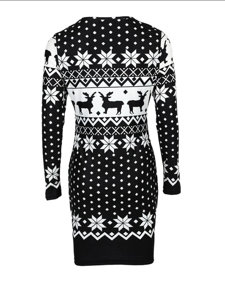 Women's Christmas Mini Dress – Snowflake & Elk Print, Long Sleeve, Skinny A-Line O-Neck, Festive Casual Wear