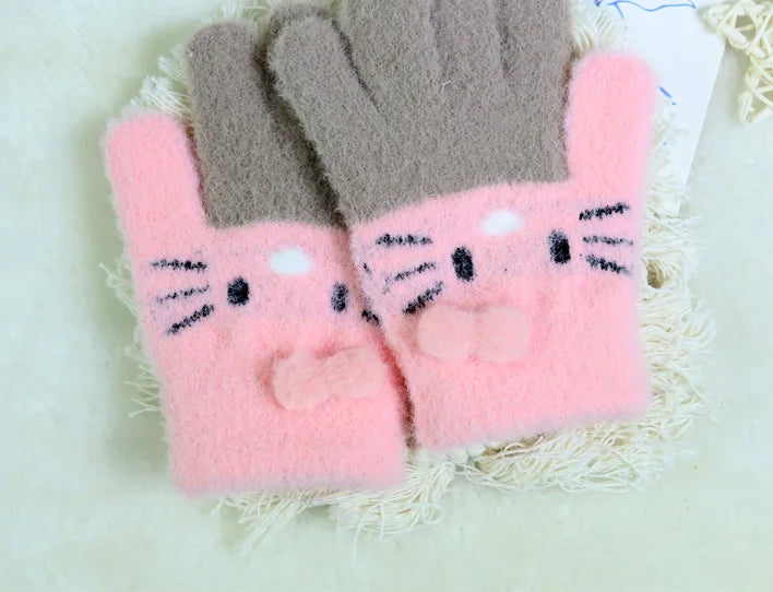 Kids’ Color-Block Cat Knit Gloves