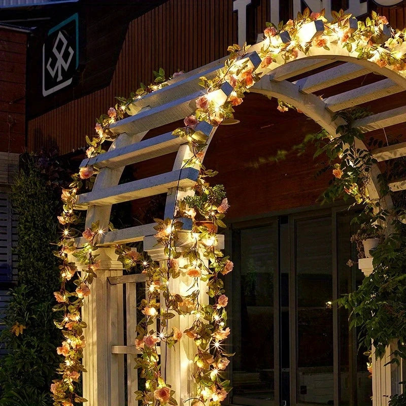 5M 50LED Rose Vine String Lights Solar Powered Artificial Flower Fairy Light for Garden Patio Bedroom Wedding Christmas Decor