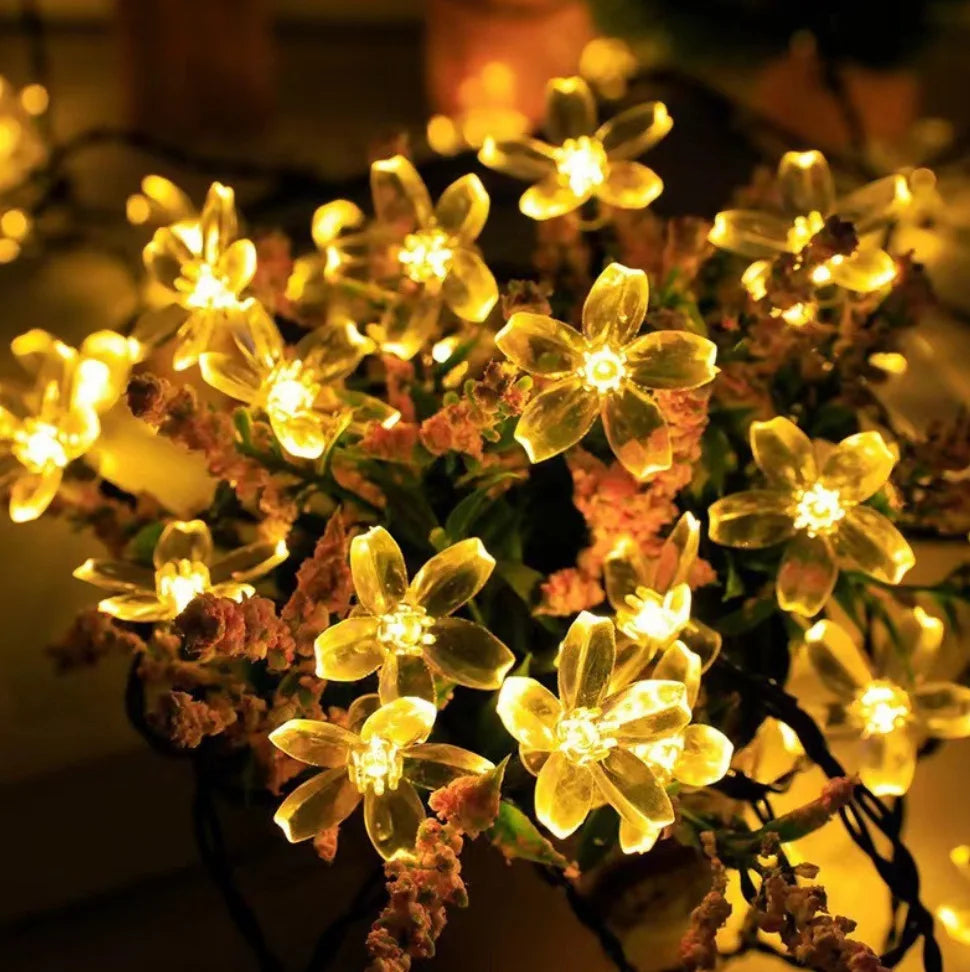 Solar Cherry Blossom Outdoor String Lights, Floral LED Fairy Lights for Yard Tree, Balcony, Backyard Landscape Festival Decor