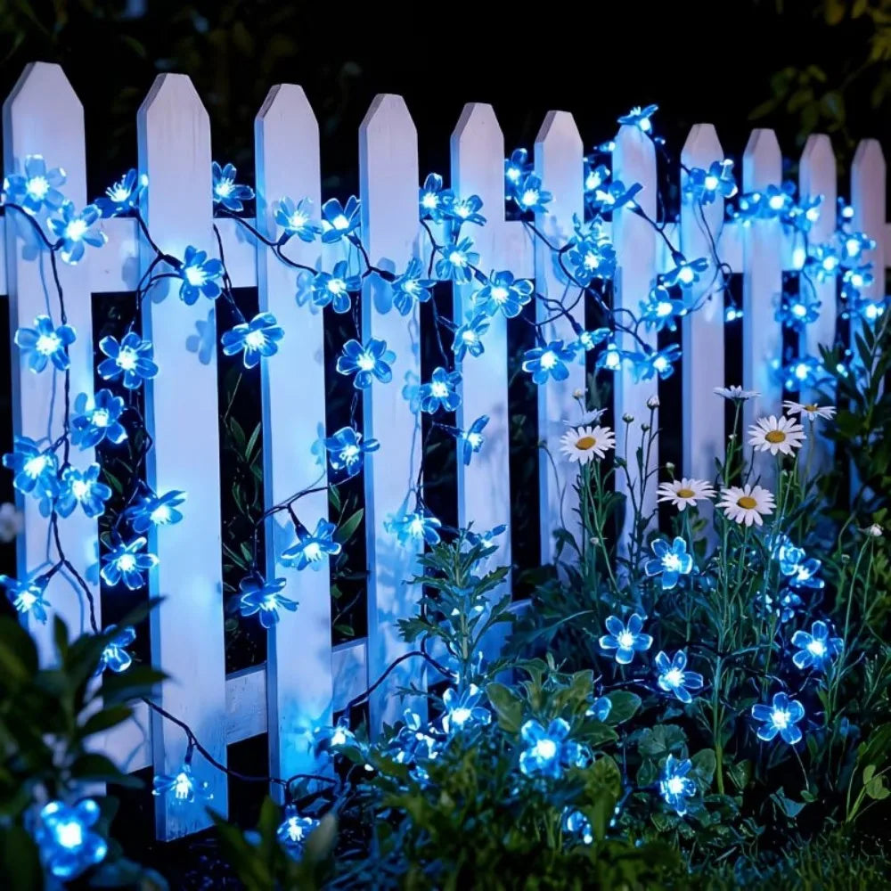 Solar Cherry Blossom Outdoor String Lights, Floral LED Fairy Lights for Yard Tree, Balcony, Backyard Landscape Festival Decor