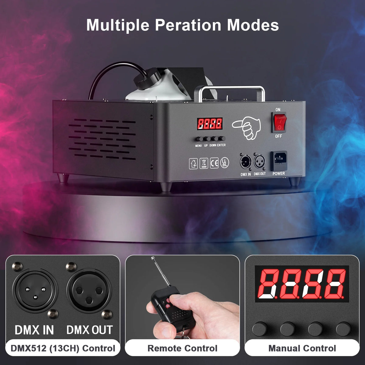 U'King 2000W RGB Fog Machine – Dual-Tube, 3-in-1 LED Color Smoke Effect, DMX512, Remote Control, for DJ, Stage & Weddings, CE Certified
