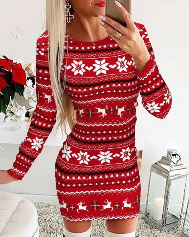 Women's Christmas Mini Dress – Snowflake & Elk Print, Long Sleeve, Skinny A-Line O-Neck, Festive Casual Wear