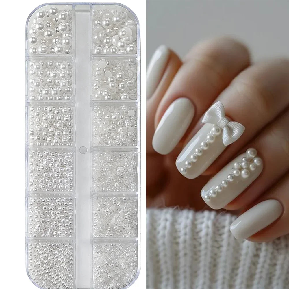 12Grids 3D Mixed White Pearls Nail Charms 0.15-0.5mm Round/Semicircle Pearl Beads Nail Art Rhinestones DIY Manicure Accessories