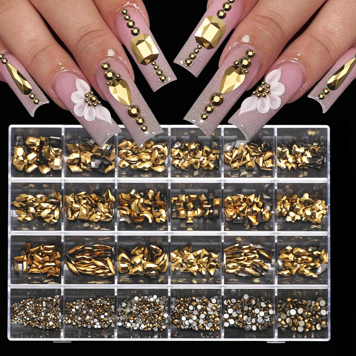 1 Box of Multi -Shaped 3D Nail Diamond Kits -24 AB Crystal Gem Grids, Flat -Bottom Nail Art Accessories Multi -Style Nail Suppli