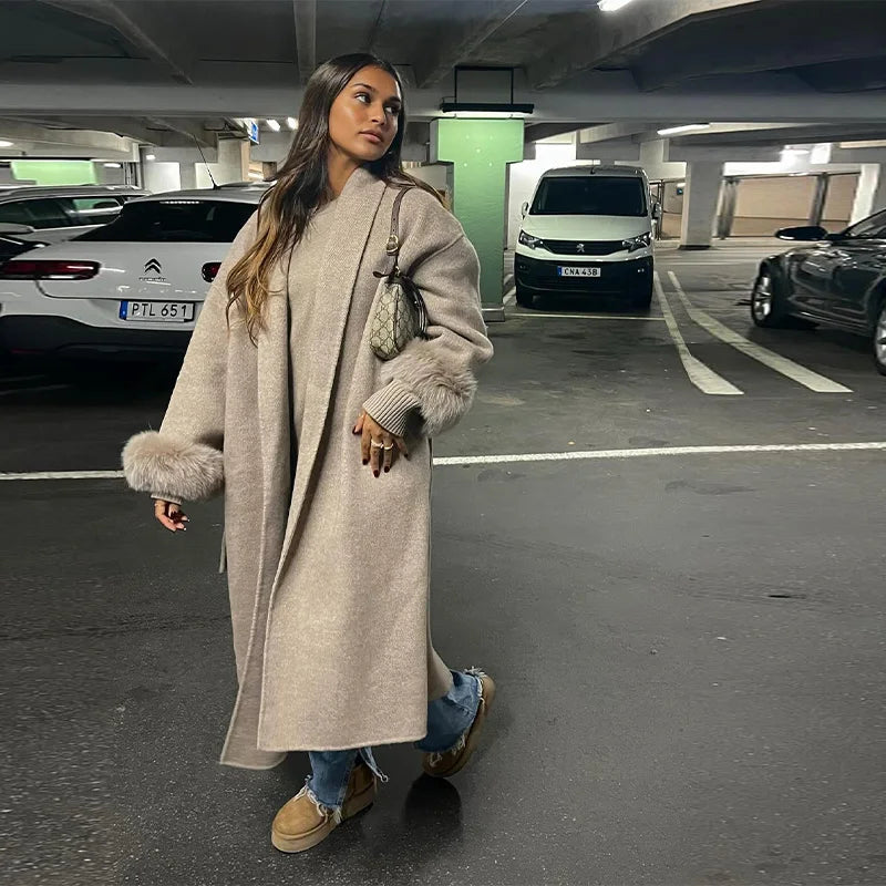 Elegant Solid Long Overcoat Women Turn-down Collar Lace Up Full Sleeve Classic Warm Coat 2025 New Lady Autumn Winter Casual Wear