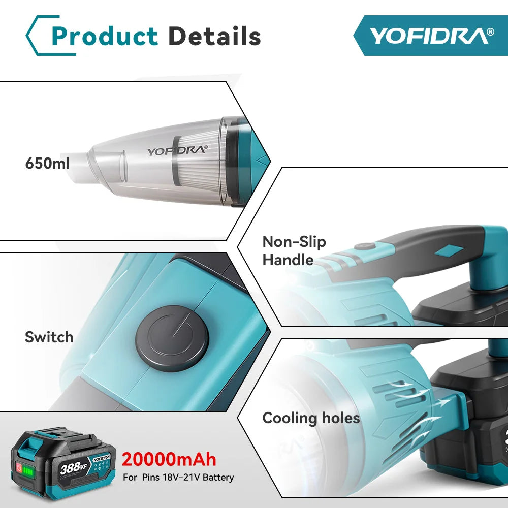 YOFIDRA 1500W 12KPA Electric Cordless Vacuum Cleaner Portable 2IN1 Household Car Cleaning Power Tool For Makita 18V Battery Pin
