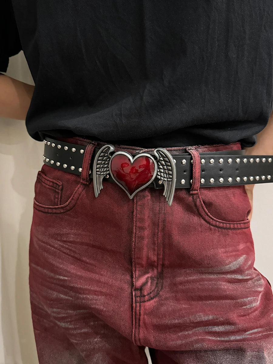 Studded Faux Leather Belt with Red Heart Buckle
