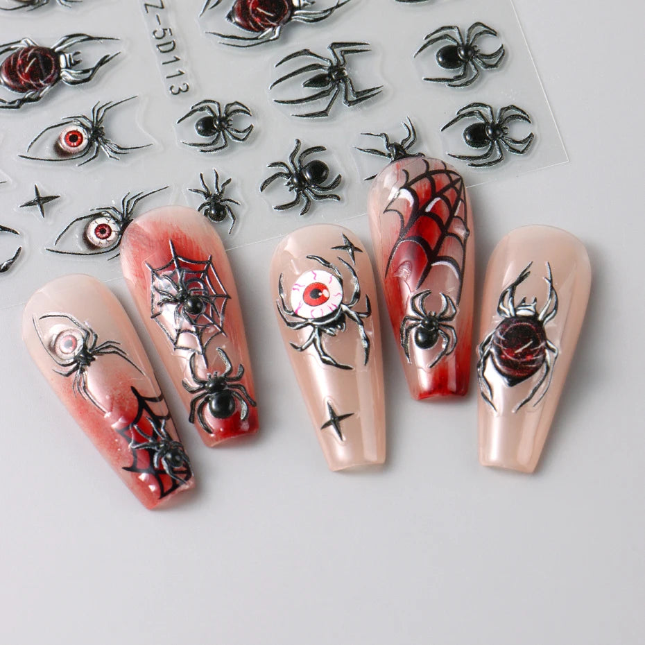 2pcs 3D Spider Stickers Nail Decals Halloween Black Spider Eye Nail Art Decorations 5D Embossed Adhesive Sliders Design Manicure