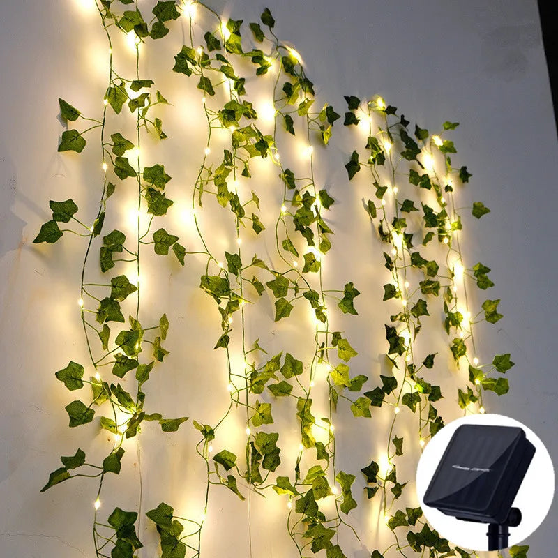 Solar Artificial Leaf LED String Lights Garland – Warm White Fairy Lights for Garden, Wedding, Christmas & Room Décor (5M/16.40ft, 10M/32.80ft)