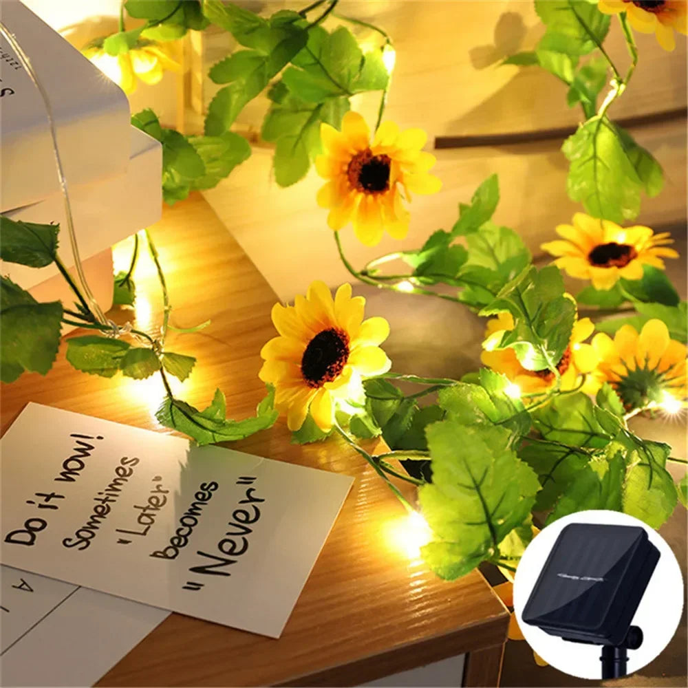2/5/10M Solar Sunflower Light String Outdoor Fairy Lamp 8 Mode Artificial Plant Leaf for Wedding Camping Garden Fence Decoration