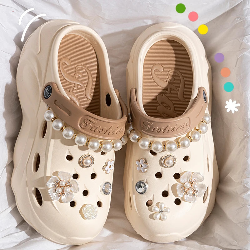 Luxury DIY Pearl Chain Non Slip Clogs Women Summer 2026 Comfort Platform Slip On Sandals EVA Thick Bottom Outdoor Slippers Shoes