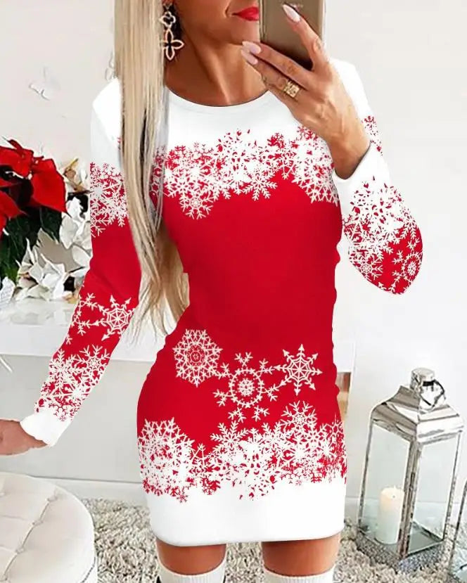 Women's Christmas Mini Dress – Snowflake & Elk Print, Long Sleeve, Skinny A-Line O-Neck, Festive Casual Wear