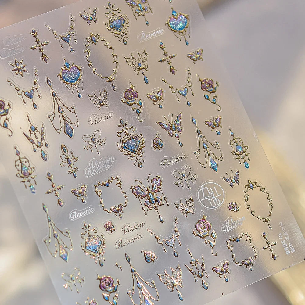 5D Luxury Nail Art Stickers – Gold Gemstone & Courtly Pattern Manicure Decals