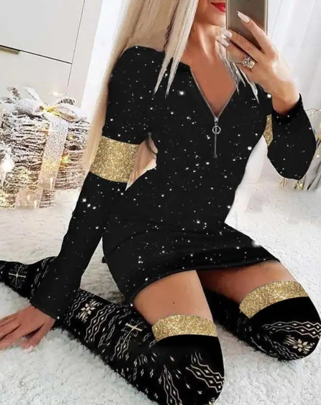 Women's Christmas Mini Dress – Snowflake & Elk Print, Long Sleeve, Skinny A-Line O-Neck, Festive Casual Wear