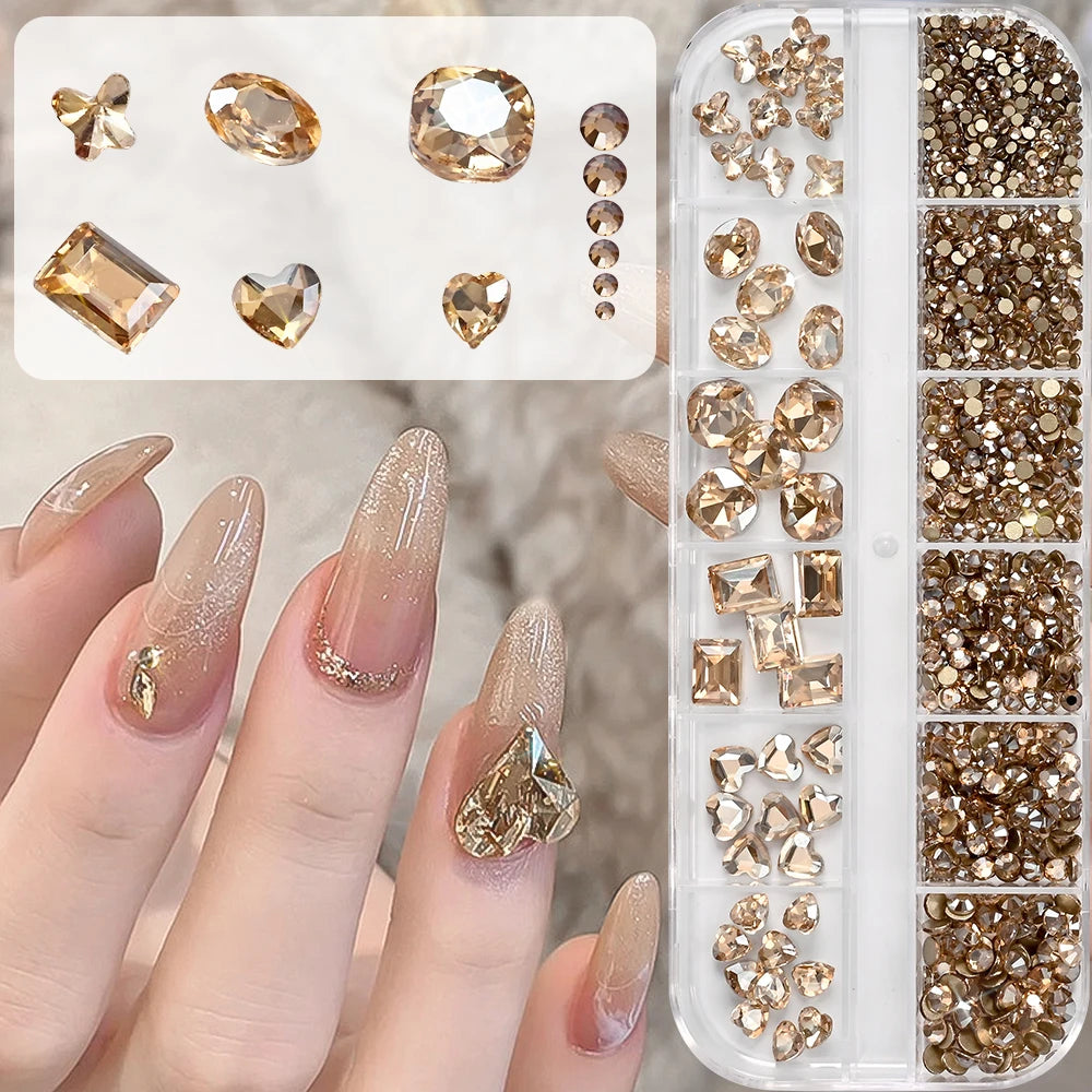12 Grids 3D Champagne Nail Art Rhinestones Mixed Round,Fat Square,Heart,Butterfly Glass Diamond Nail Charms DIY Manicure Decor *