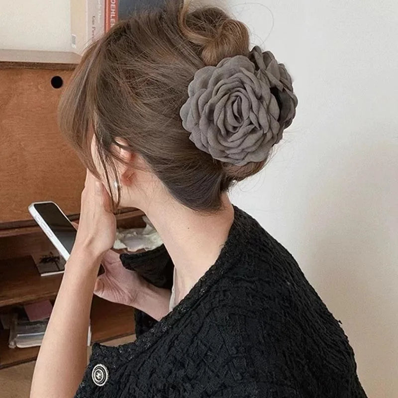 French Fabric Rose Hair Claw Clips – Floral Barrette for Women & Girls, All Seasons