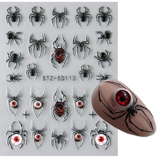2pcs 3D Spider Stickers Nail Decals Halloween Black Spider Eye Nail Art Decorations 5D Embossed Adhesive Sliders Design Manicure