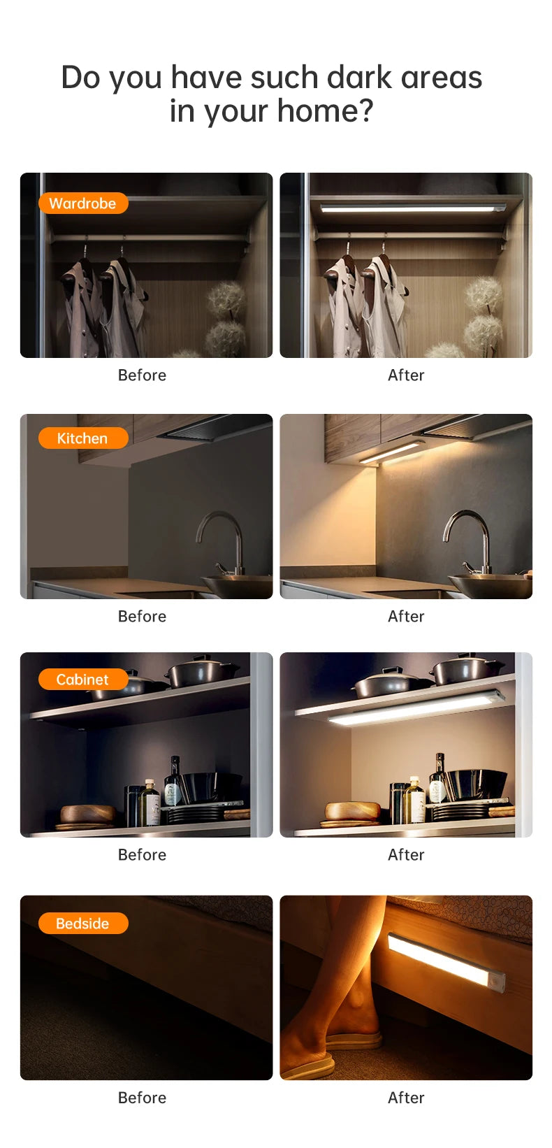 Rechargeable Motion-Sensor LED Light Bar – 3 Colors, Under-Cabinet